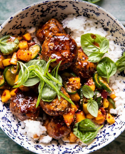 Sesame Meatball Bowl with Mango Cucumber Salad